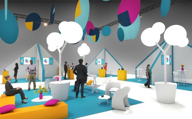 Un espace moderne et coloré d'un salon professionnel, décoré avec des structures blanches en forme d'arbres, des meubles design jaune et bleu, et des visiteurs en interaction.