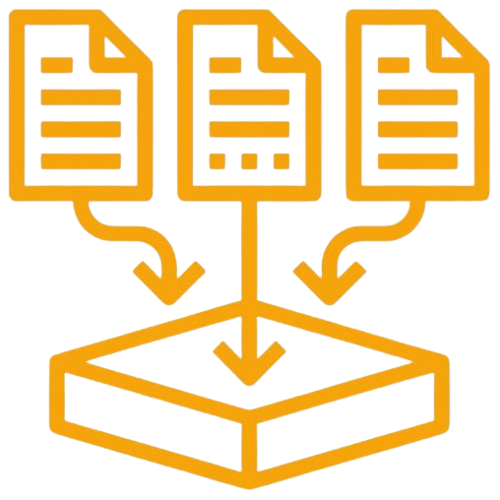 Icon of three documents flowing into a central box, illustrating sector trend analysis.