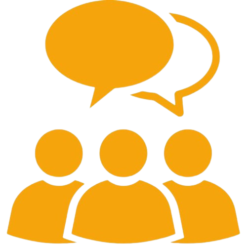 Icône de trois personnes avec des bulles de dialogue, symbolisant les rencontres et le développement de réseau.