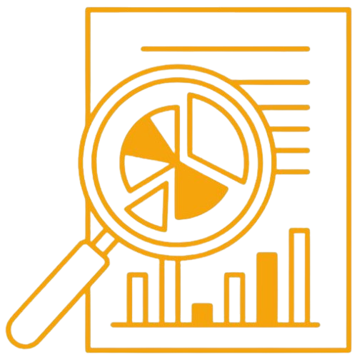 Icône d’un document avec graphiques et une loupe, symbolisant l’analyse du marché de l’immobilier commercial.