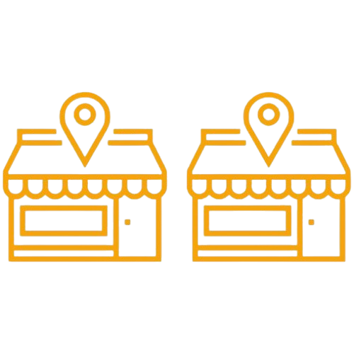 Icon showing two storefronts with location pins, representing collaborations between retail brands.