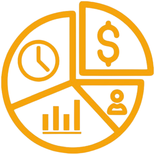Icon of a pie chart with time, finance, and analysis symbols, illustrating market understanding and insights.