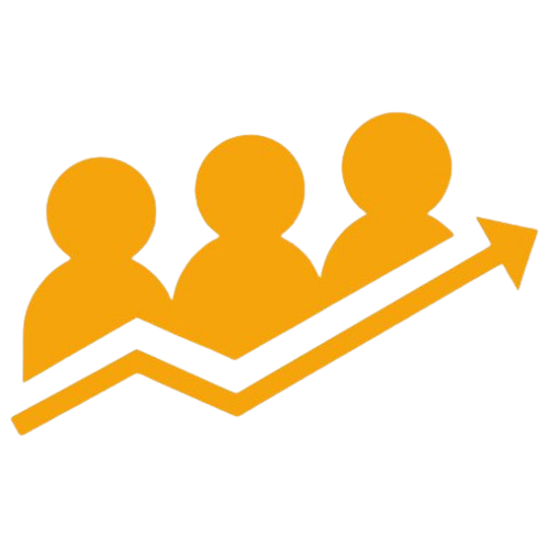 Icon of three people aligned with an upward arrow, representing market awareness and growth.