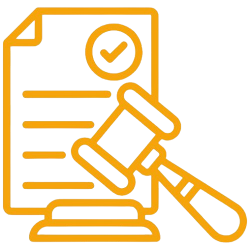 Icon showing an official document with a checkmark and a gavel, representing legal monitoring and compliance with regulatory and legislative changes in a professional field.