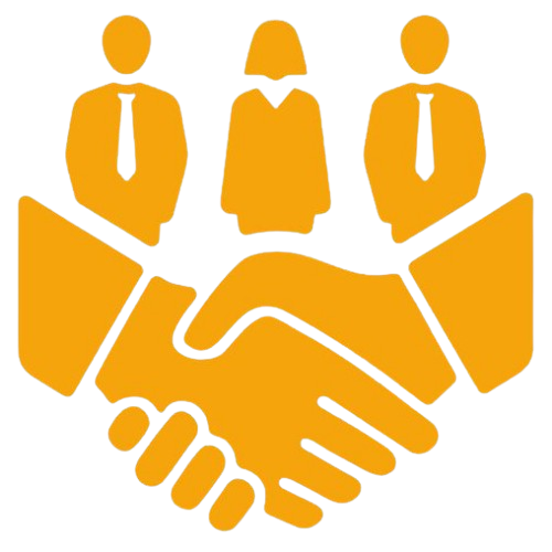 Icon of two shaking hands beneath three professional figures, symbolizing finding future partners.