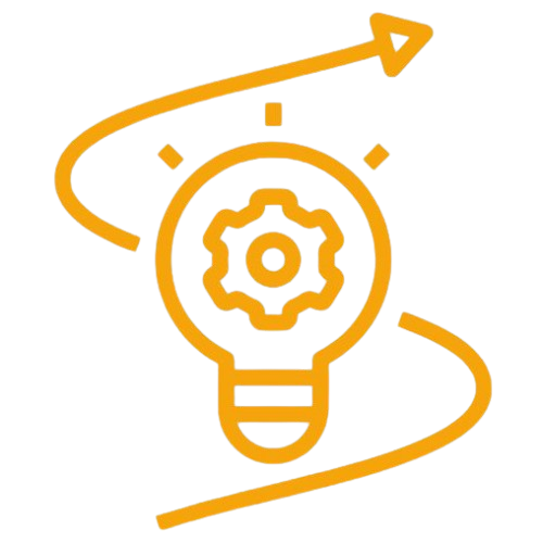 Icon of a lightbulb with a gear and an arrow, illustrating innovation and efficient solutions.