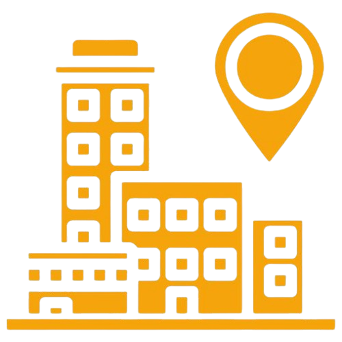 Icon showing a group of buildings with a location pin, symbolizing the promotion of a territory.